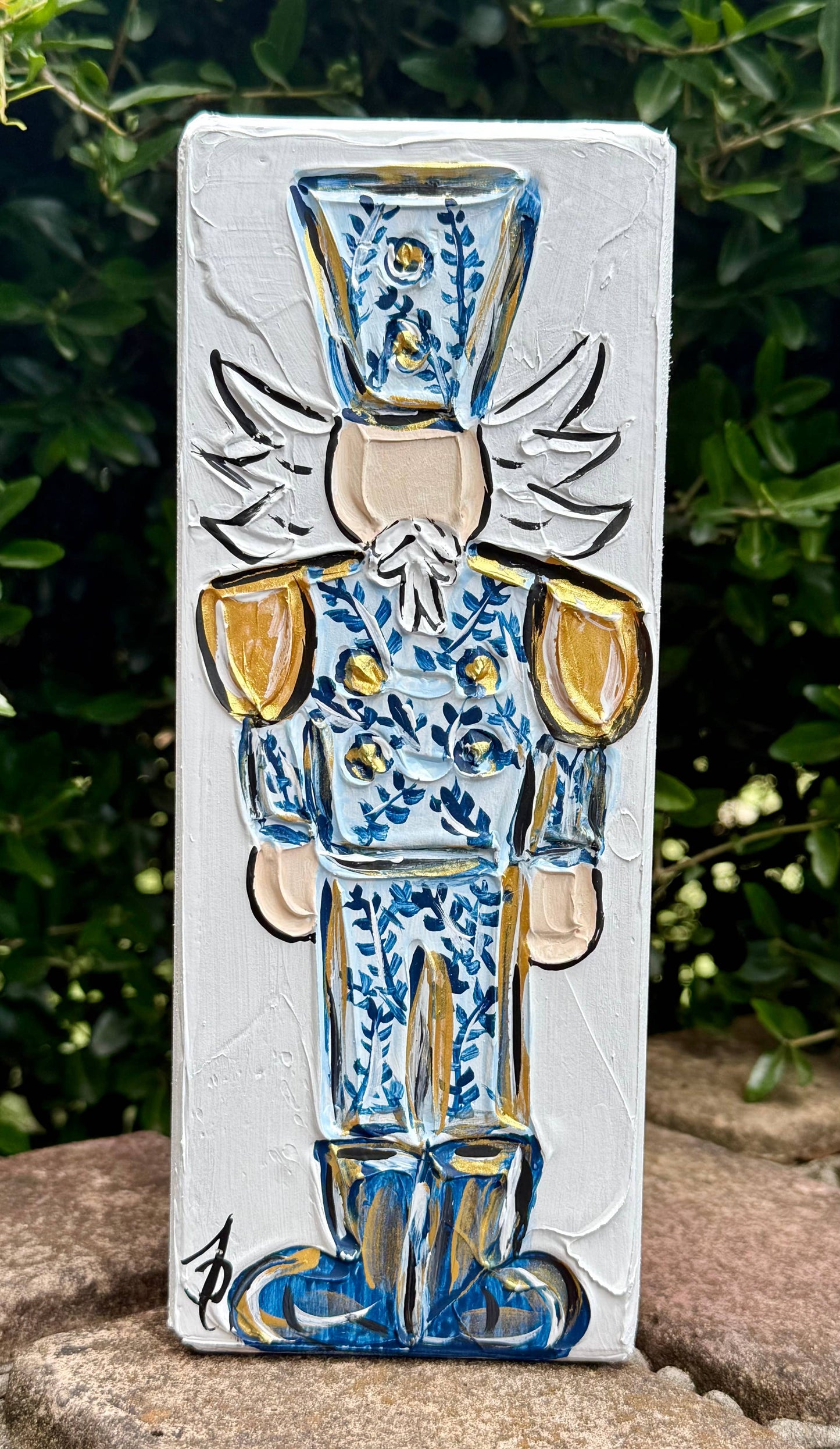 Chinoiserie Style Nutcracker on Wood Block Grand Millennial 