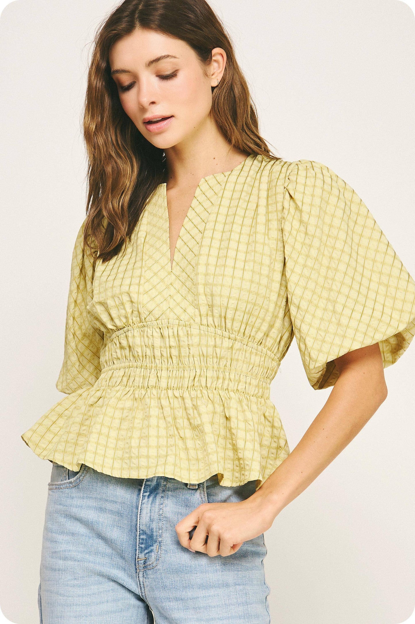 Checkered Puff Sleeve Blouse
