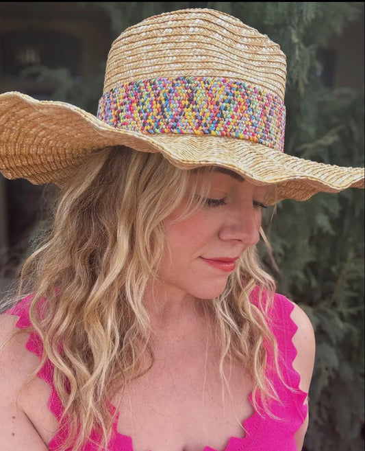Wide Brimmed Raffia Hat- Colorful Band