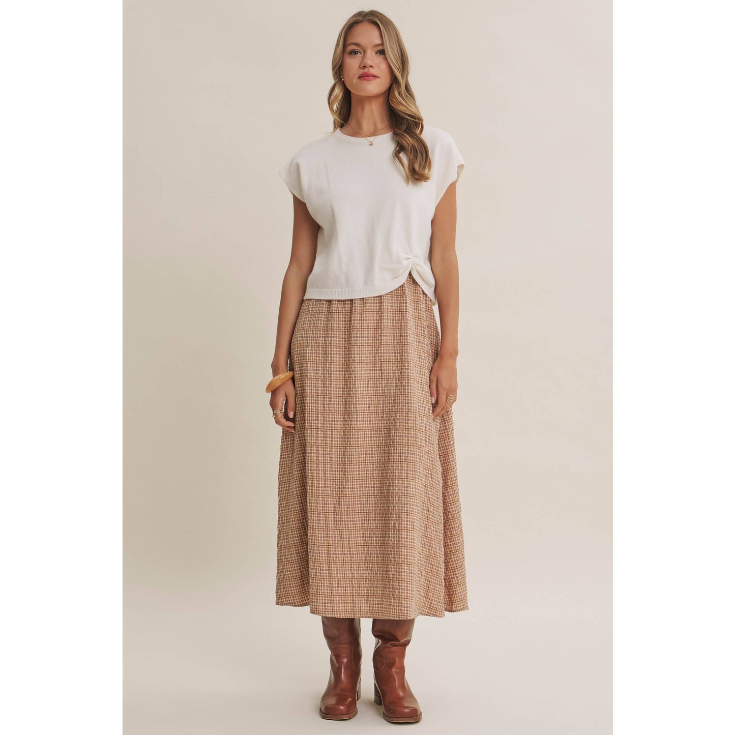 GINGHAM SWEATER MIDI DRESS