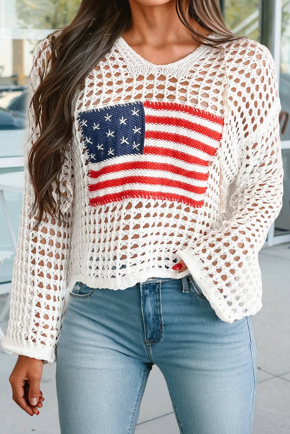 Hollow Out Crochet Knit American Flag Sweater Hoodie