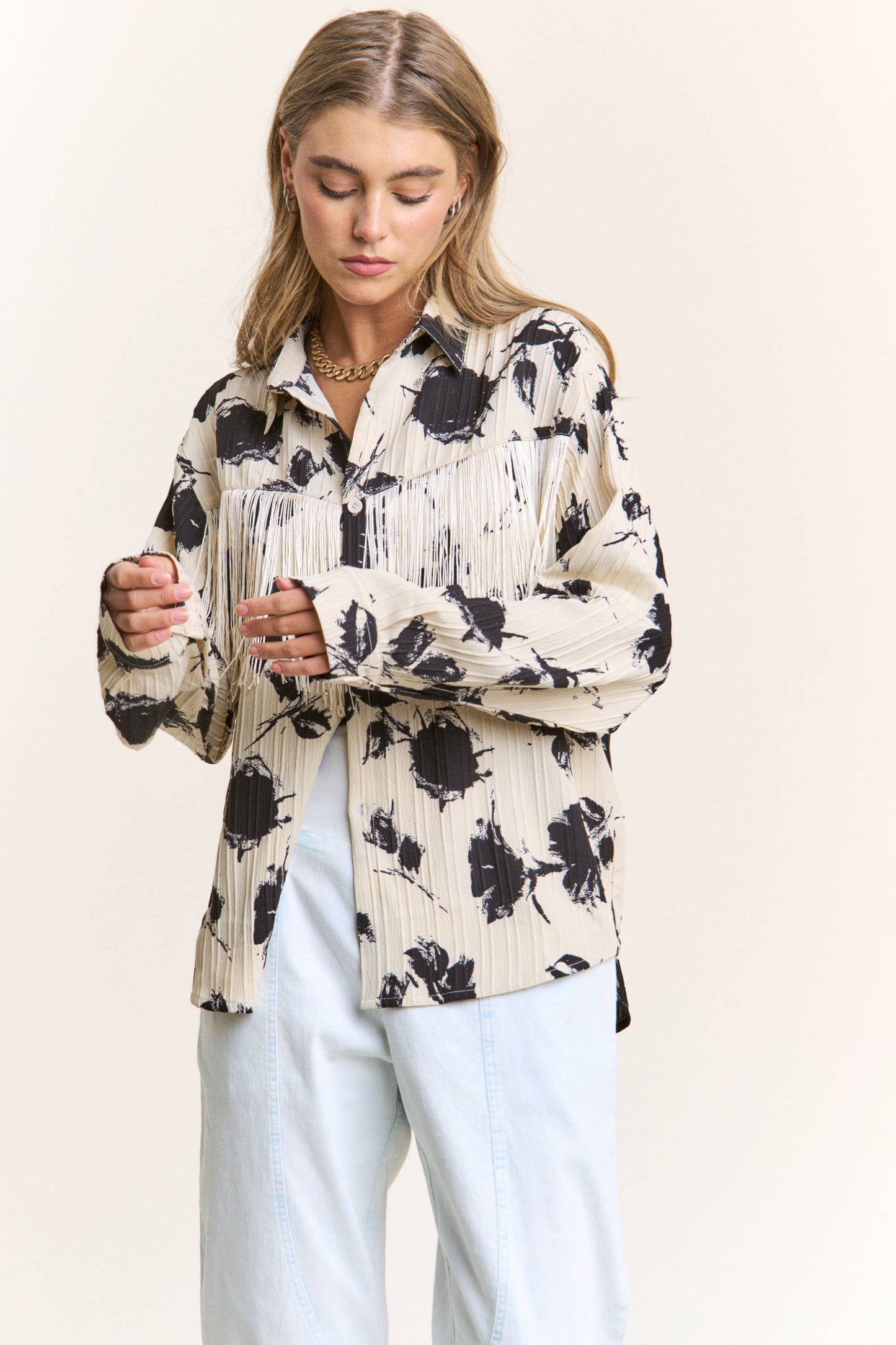 Floral Silhouette Fringe Button Up Blouse