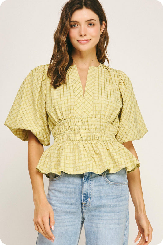 Checkered Puff Sleeve Blouse