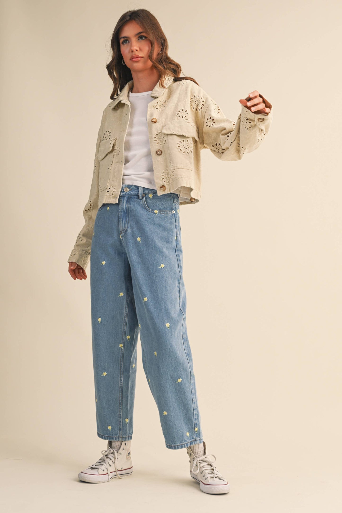 EYELET TWILL CROPPED JACKET