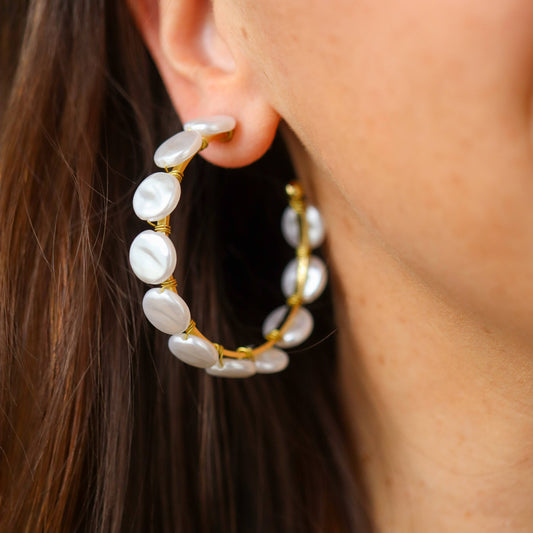 Maren Coin Pearl Hoops- Gold Plated Hypoallergenic
