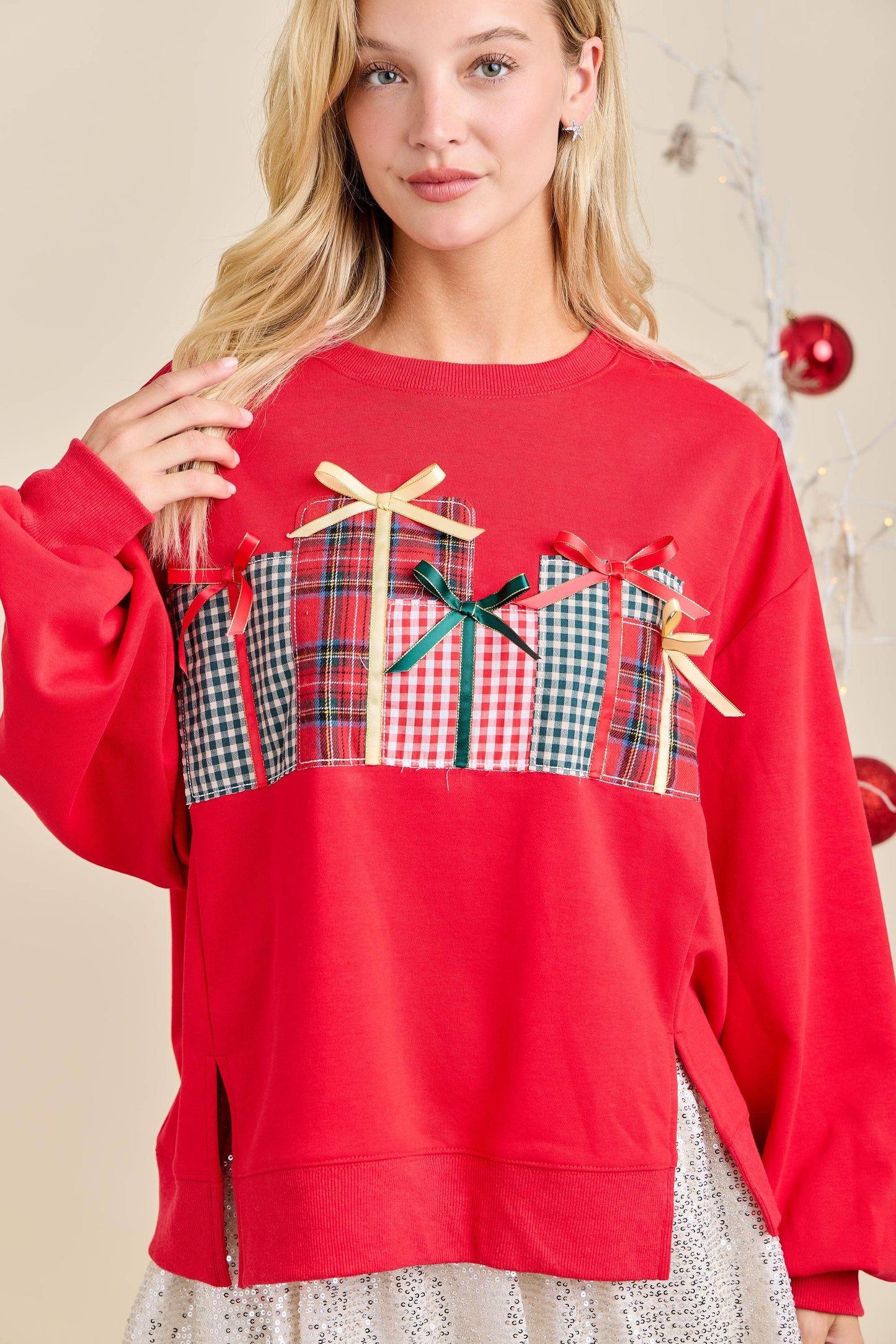 Christmas Sweatshirt Featuring Patchwork Gift box