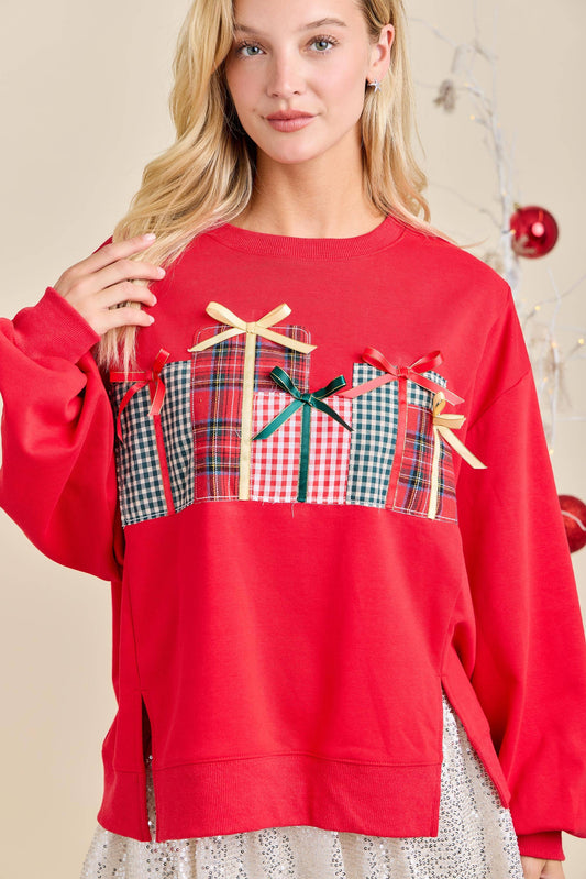 Christmas Sweatshirt Featuring Patchwork Gift box