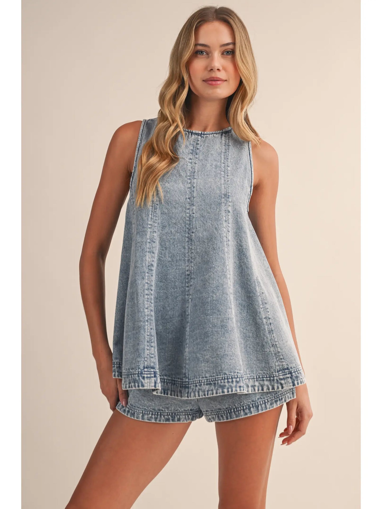 DENIM LONGLINE SLEEVELESS TOP AND SHORTS SET