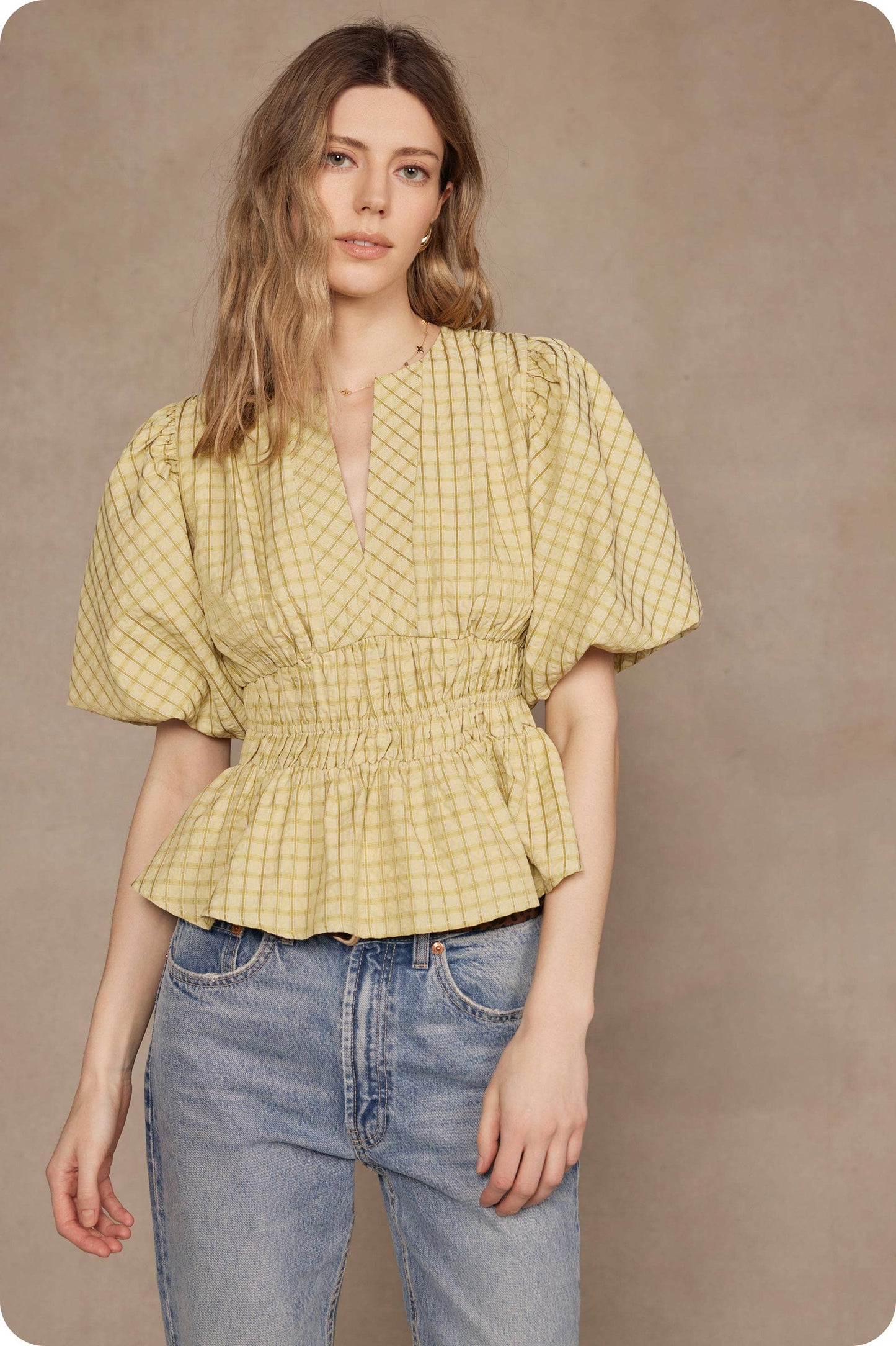 Checkered Puff Sleeve Blouse