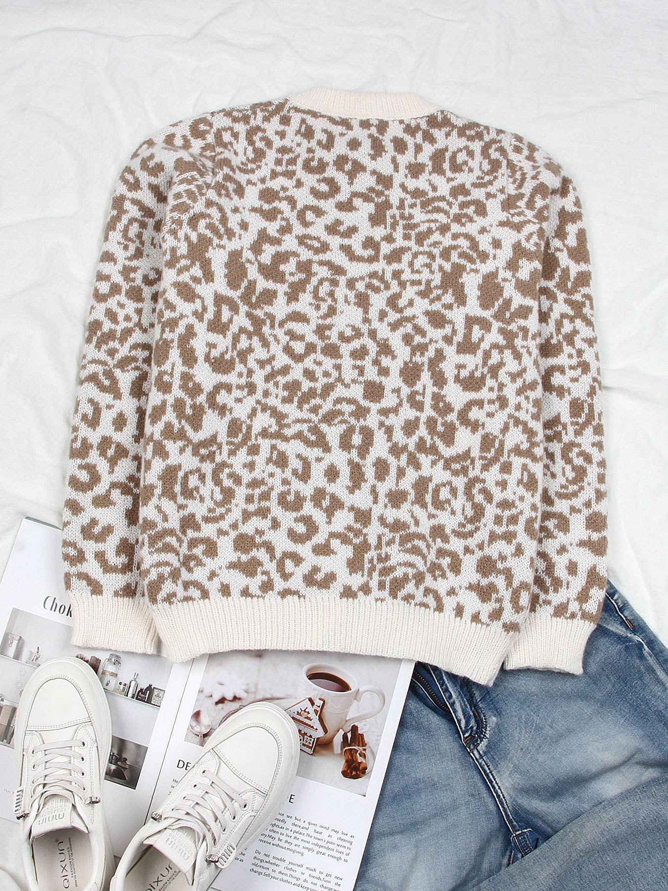 Retro Slouchy Leopard Print Crewneck Cardigan