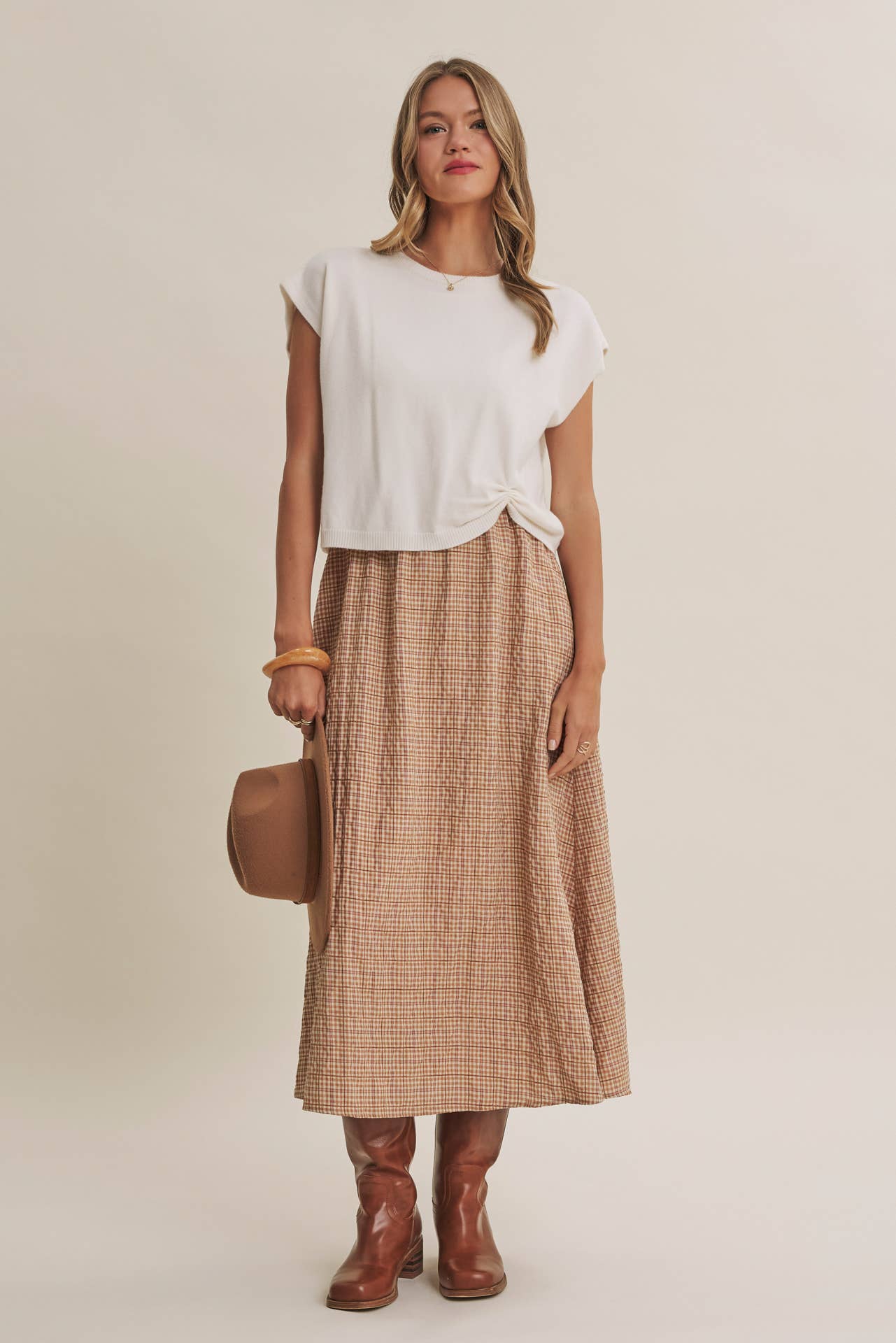 GINGHAM SWEATER MIDI DRESS