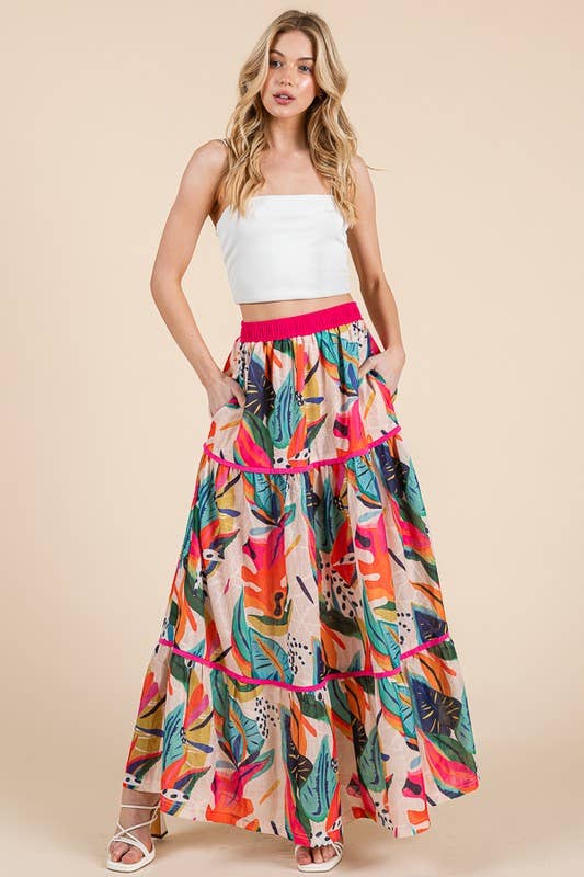 Abstract Print Tiered Maxi Skirt with Contrast Trim