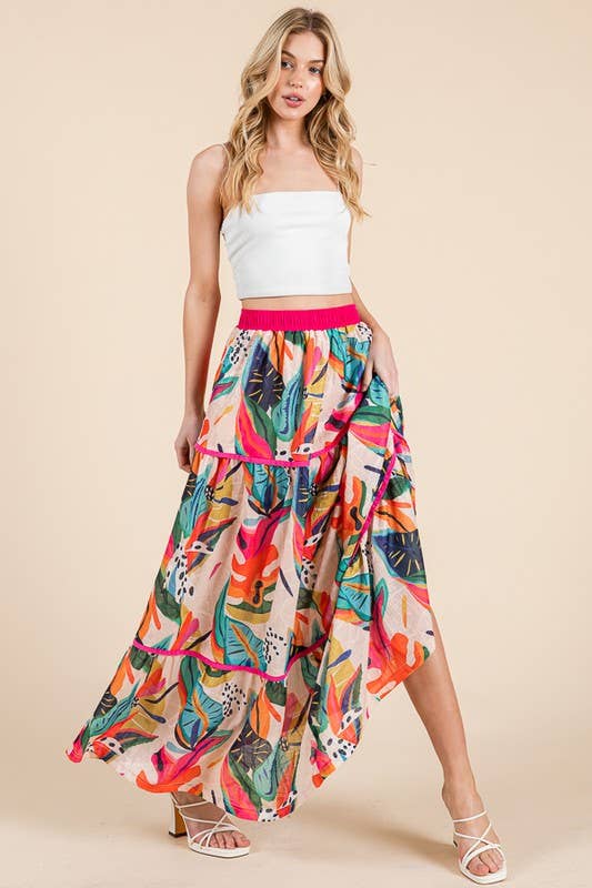 Abstract Print Tiered Maxi Skirt with Contrast Trim