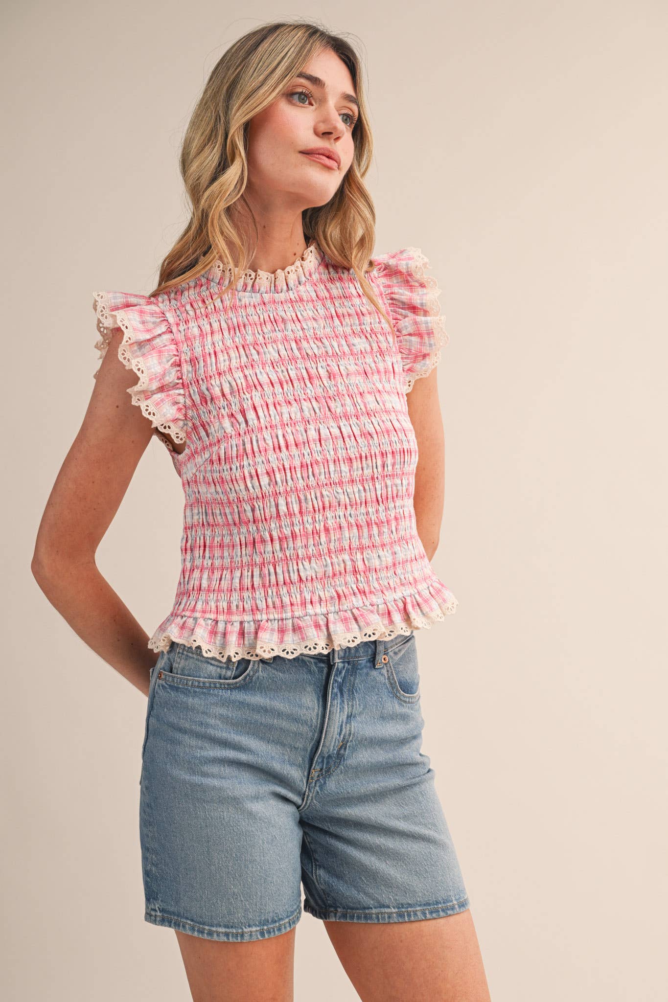 PLAID SMOCKED LACE TRIM TOP MTP4665