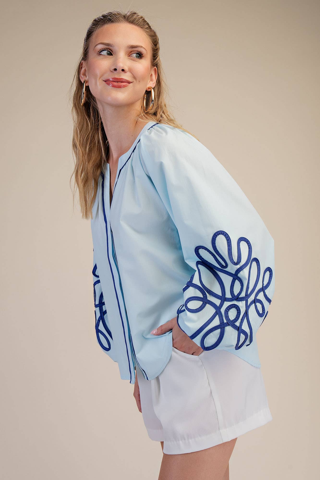 Soutache Contrast Detail Puff Sleeve Blouse