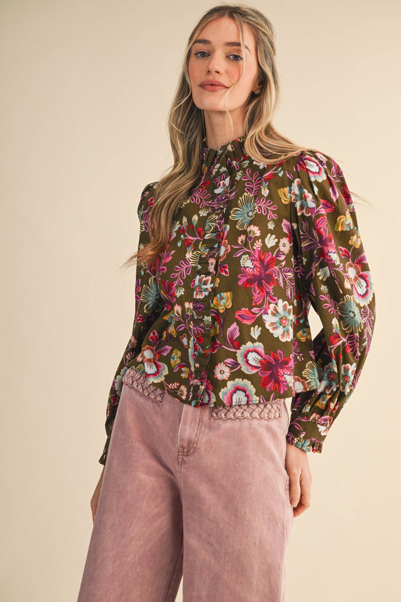 EXCLUSIVE FLORAL PRINT RUFFLED BUTTON DOWN TOP
