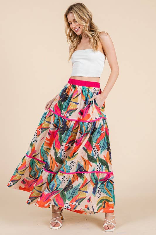 Abstract Print Tiered Maxi Skirt with Contrast Trim