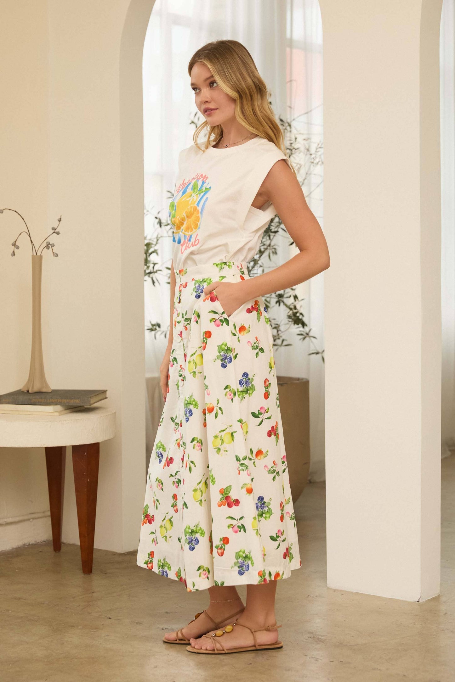 Fruit Print Button-Front Skirt