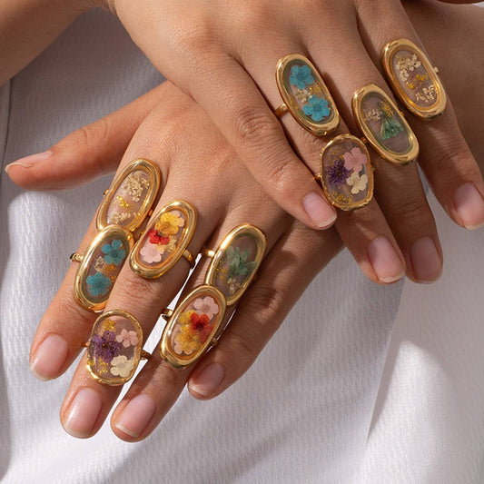 Adjustable Open Ring with Dried Flowers