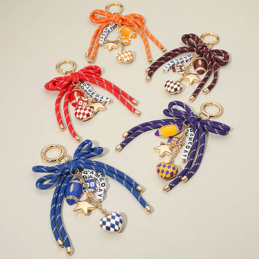 Football Themed Charm GAME DAY Message Beaded Rope Bow Accent Keychain / Bag Charm