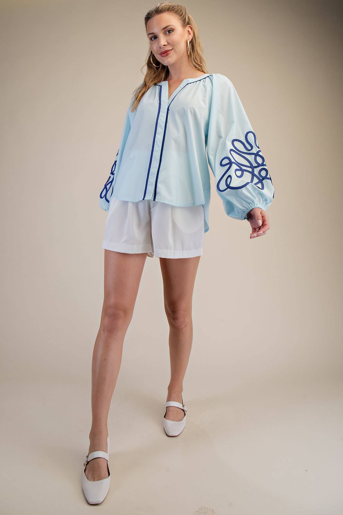 Soutache Contrast Detail Puff Sleeve Blouse