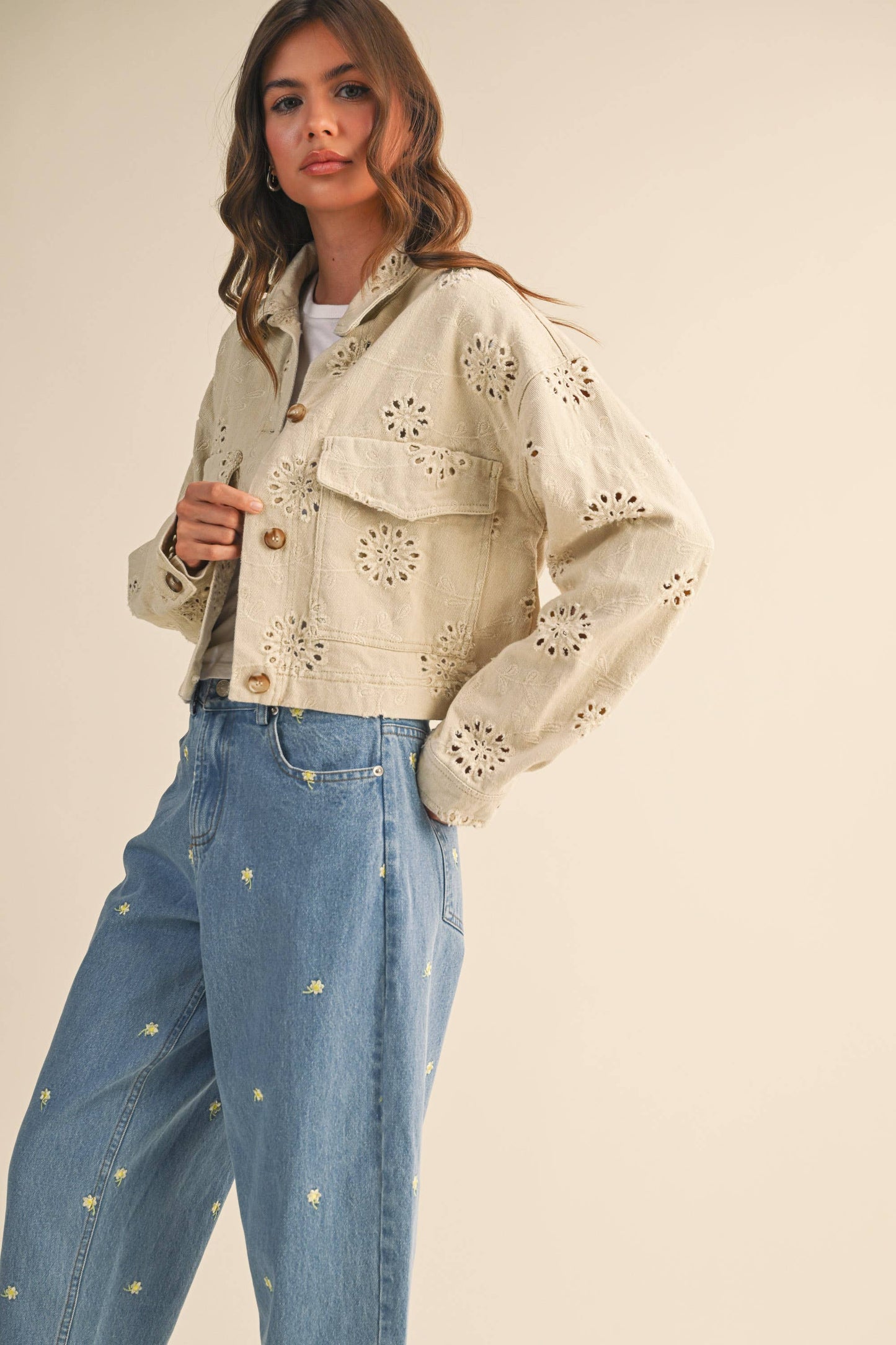 EYELET TWILL CROPPED JACKET