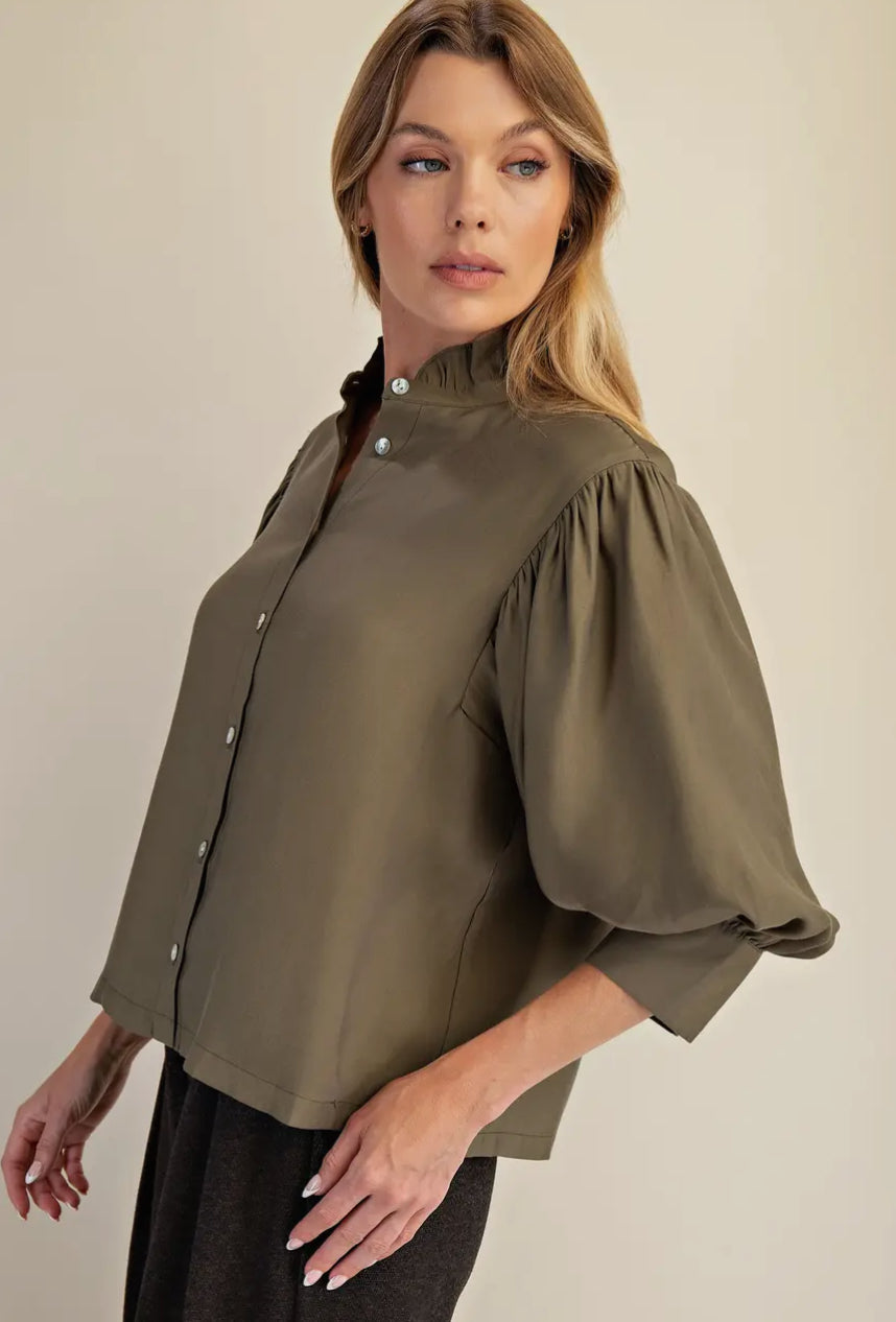 Ruffle Neck Puff Sleeve Blouse