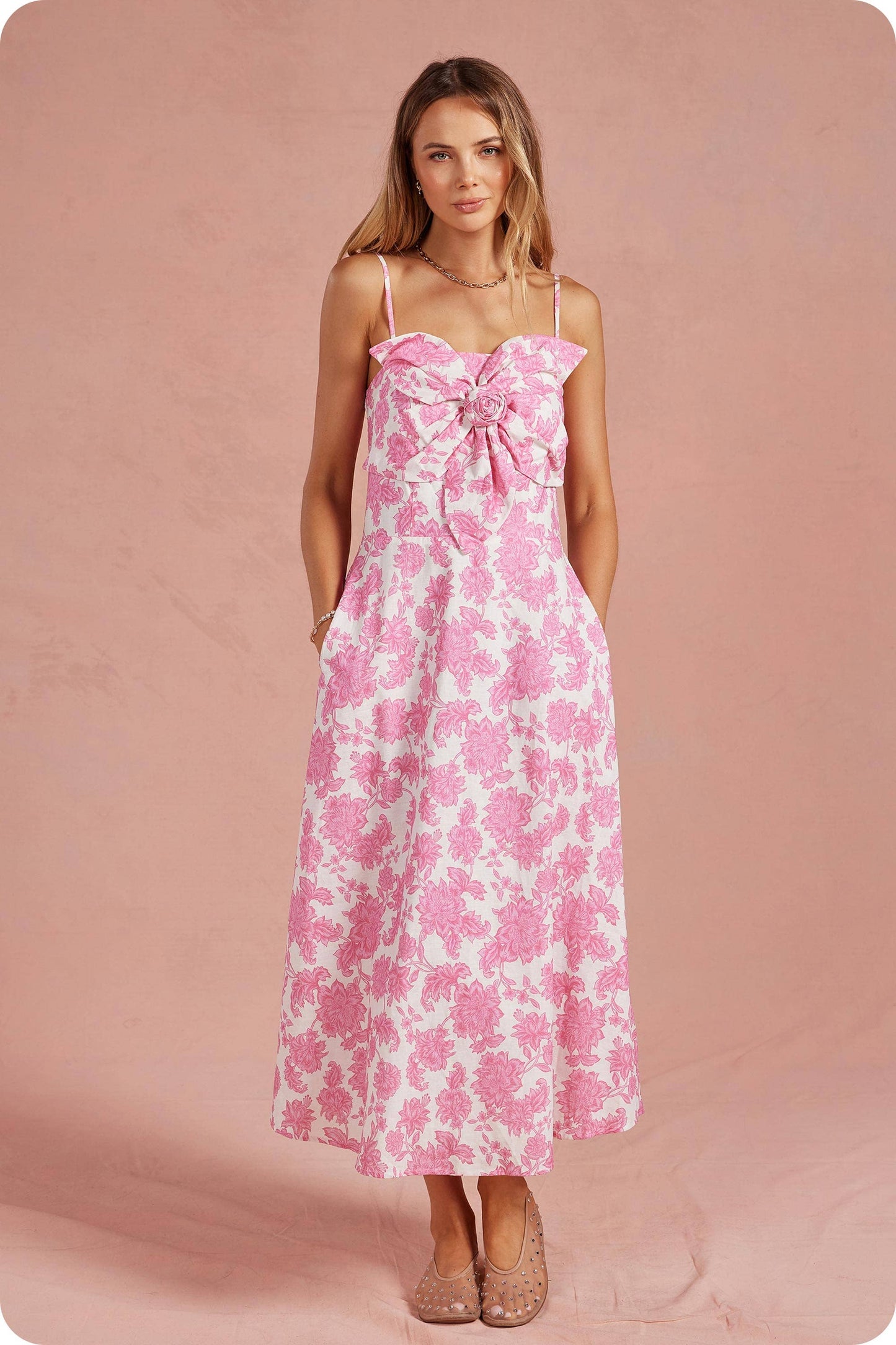 Botanical Garden Bow Flower Sleeveless Midi Dress