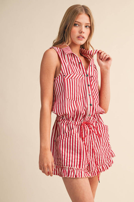 STRIPED BUTTON DOWN SLEEVELESS ROMPER