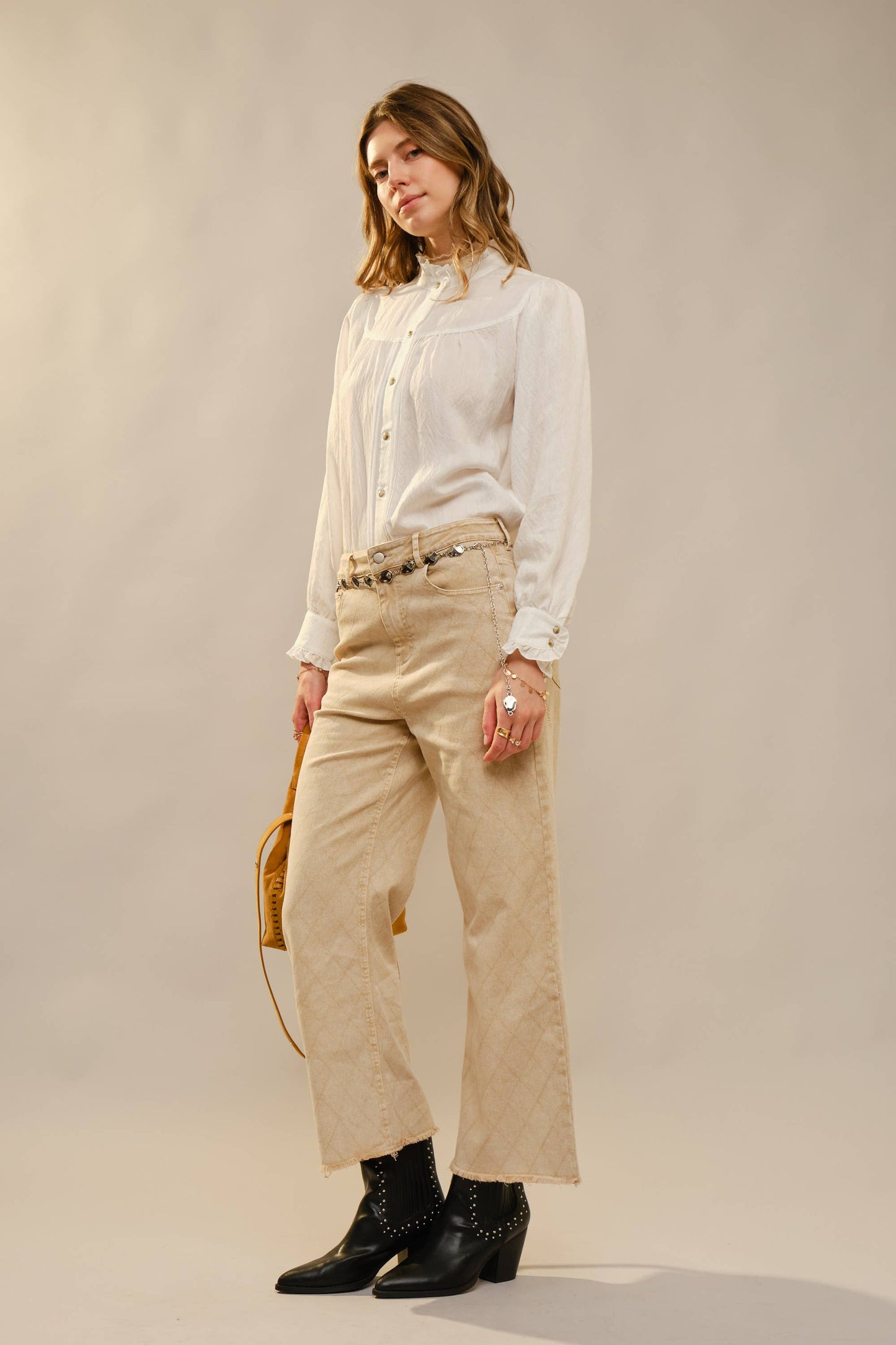 - Ruffle Neck Denim Snap Button Shirt