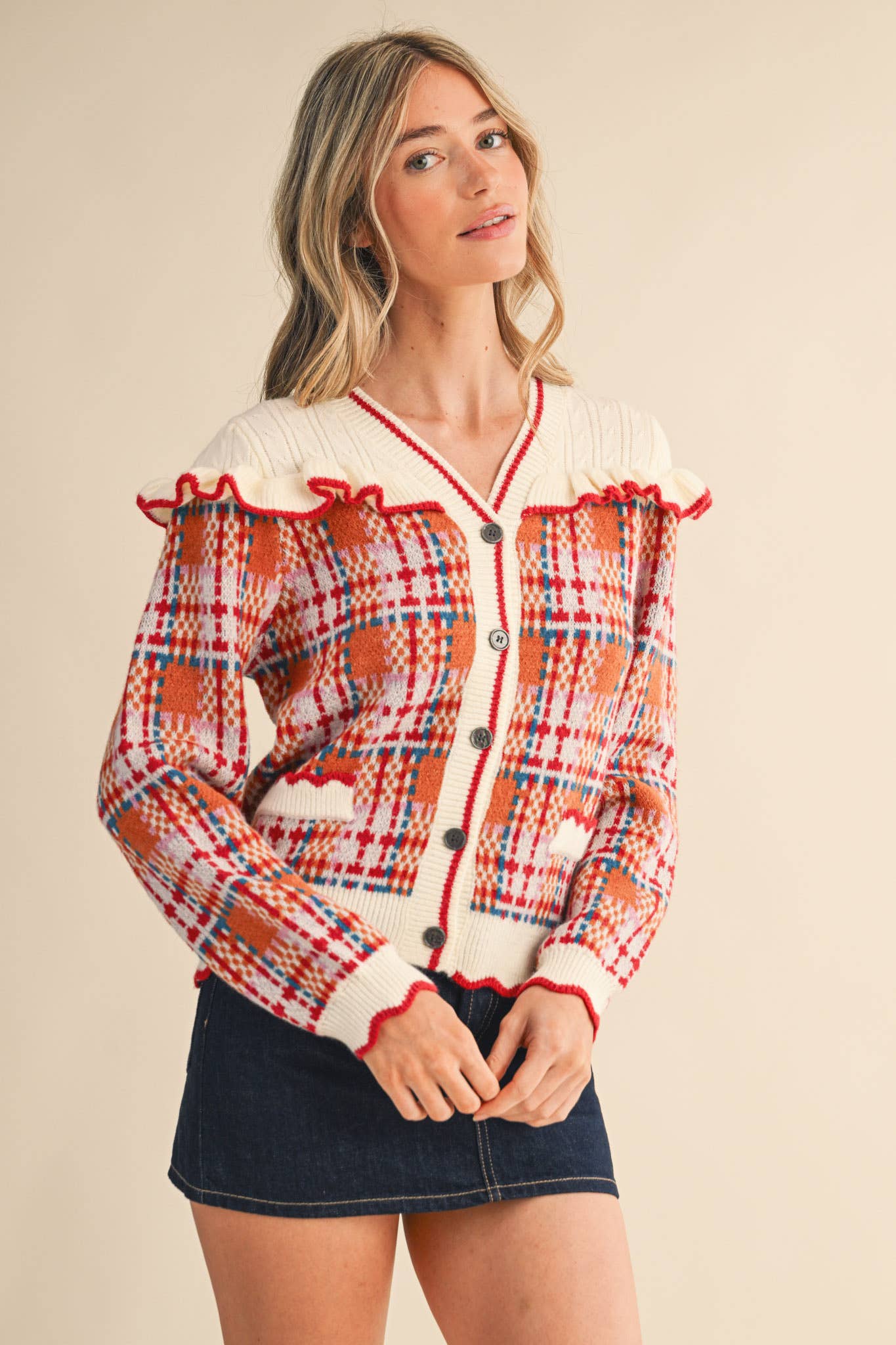RUFFLED YOKE PLAID SWEATER CARDIGAN- Preorder