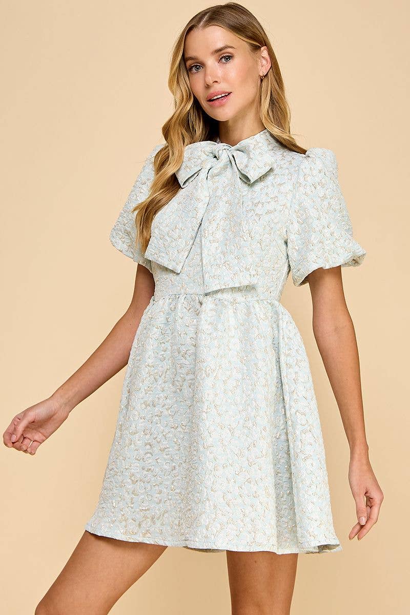 Jacquard Puff Sleeve Pussy Bow Detail Dress
