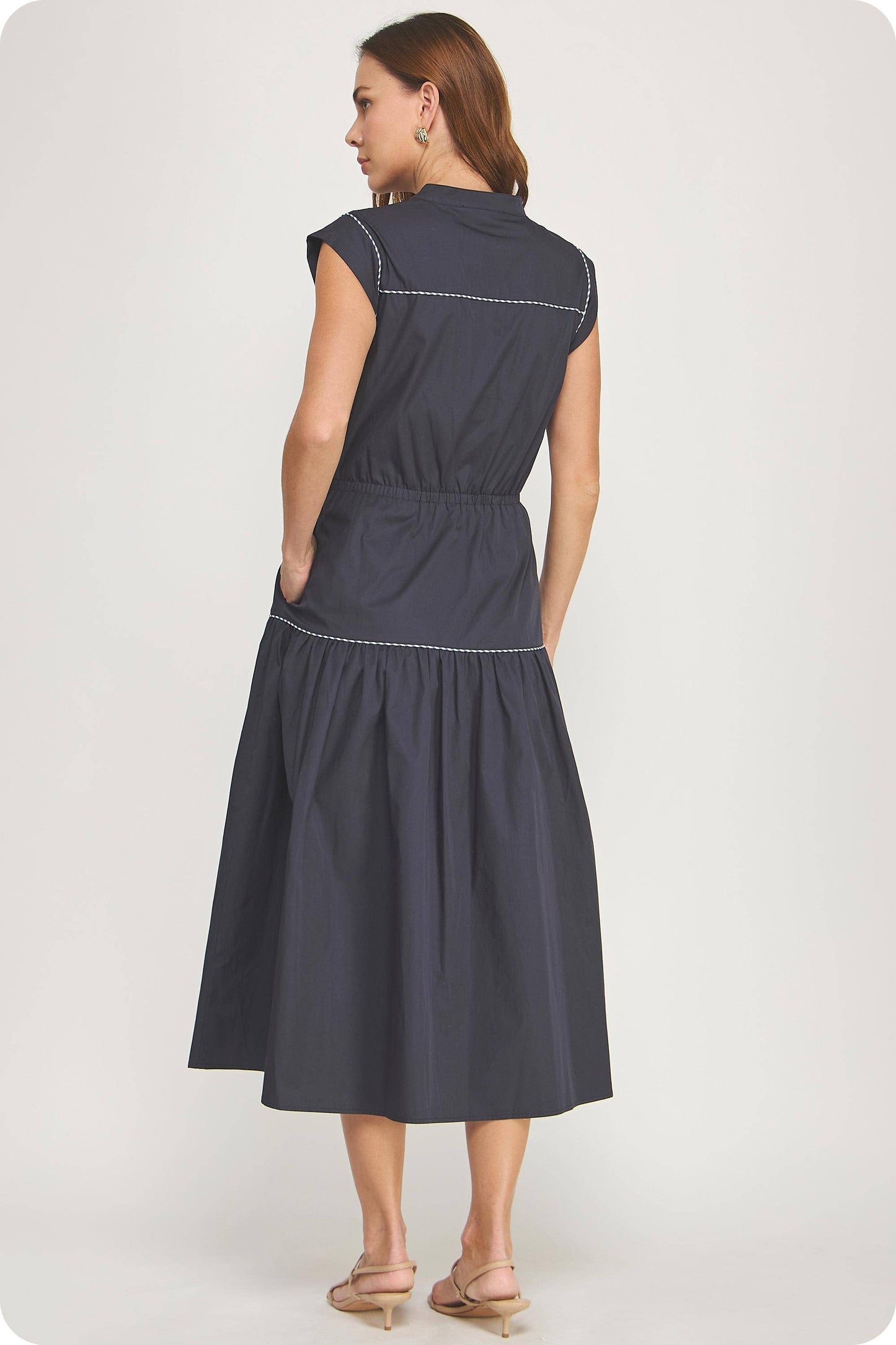 Contrast Piping Utility Midi Shirt Dress