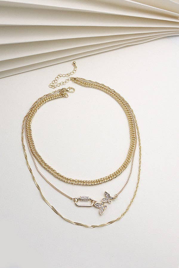 RHINESTONE BUTTERFLY LOCK MULTI CHAIN NECKLACE