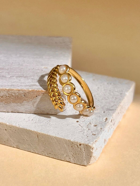 Adjustable Stainless Steel Leaf and Pearl Ring
