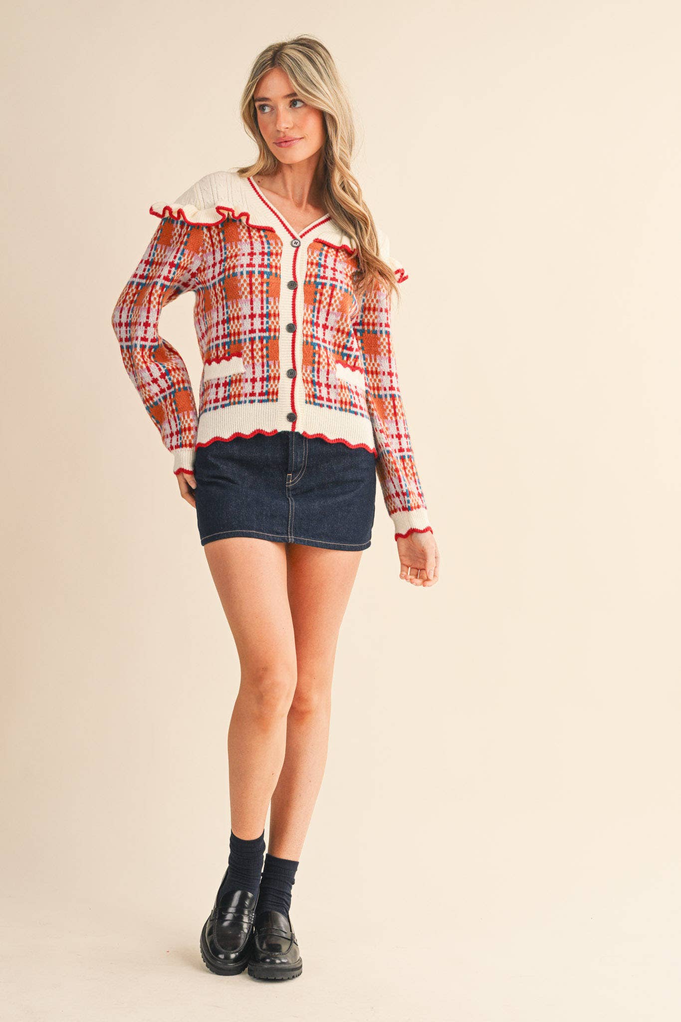 RUFFLED YOKE PLAID SWEATER CARDIGAN- Preorder