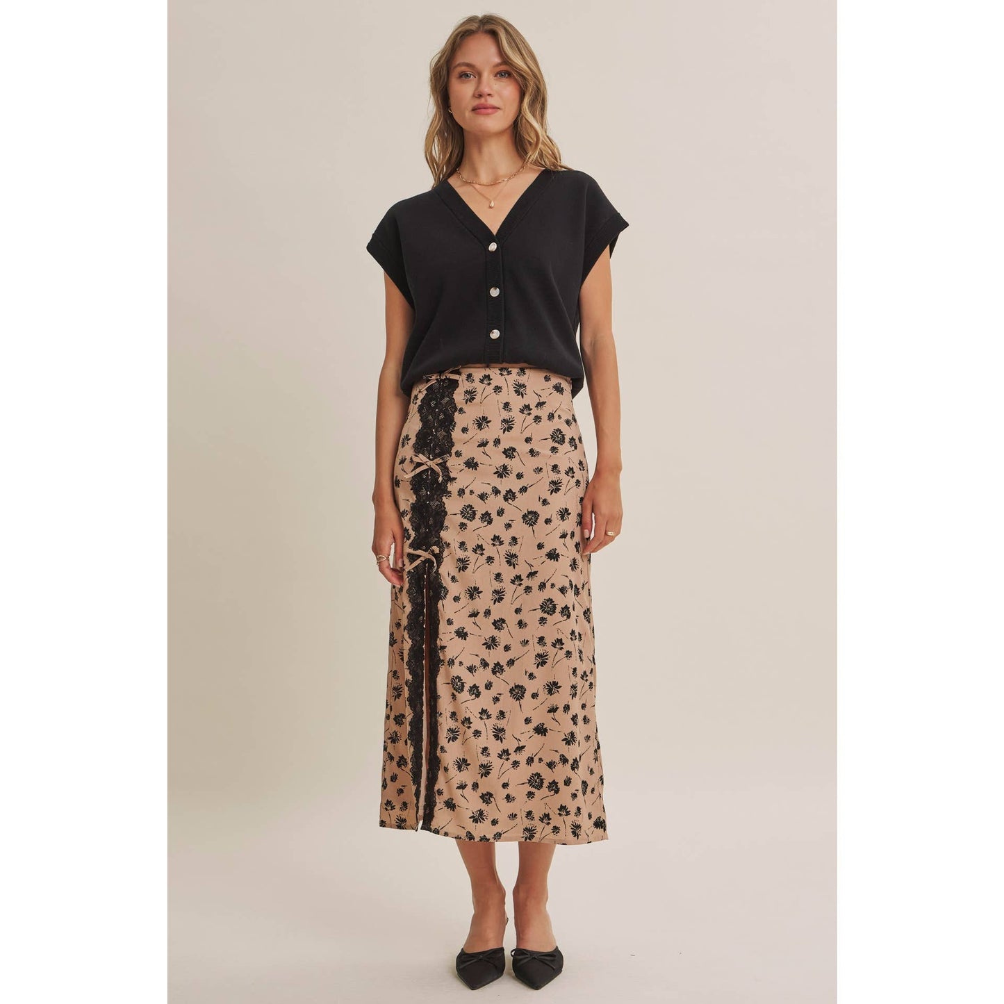 PARIS FLORAL LACE MIDI SLIP SKIRT