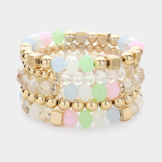 5PCS - Faceted Beads Metal Ball Beaded Multi Bracelets