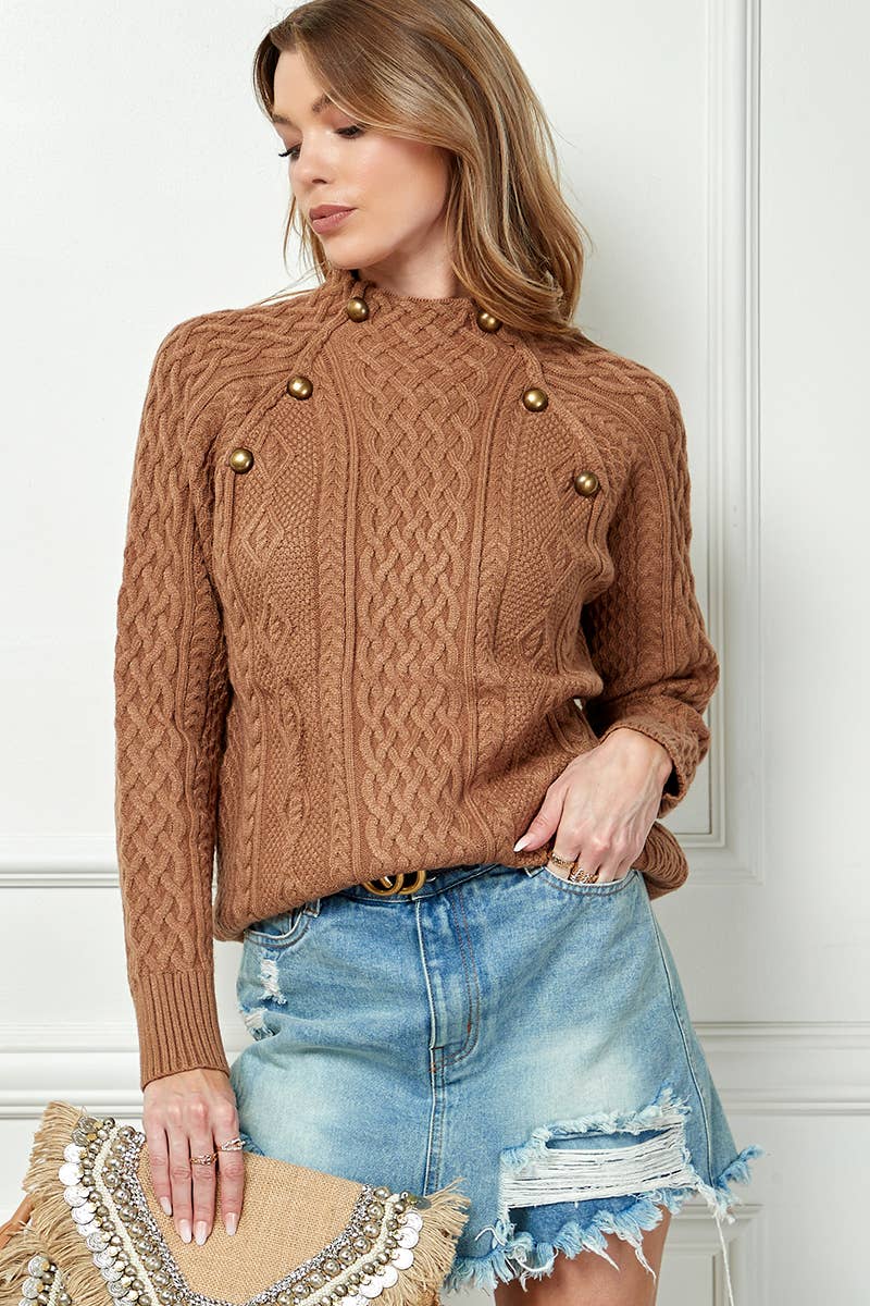 Mock Neck Button Knitted Sweater
