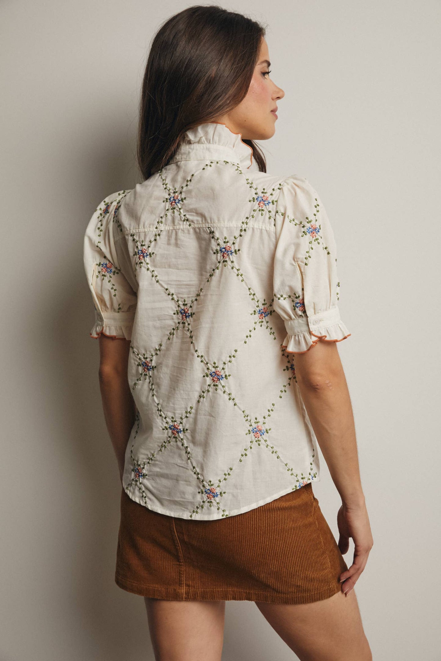 Embroidered Ruffle Collar Cotton Blouse- preorder