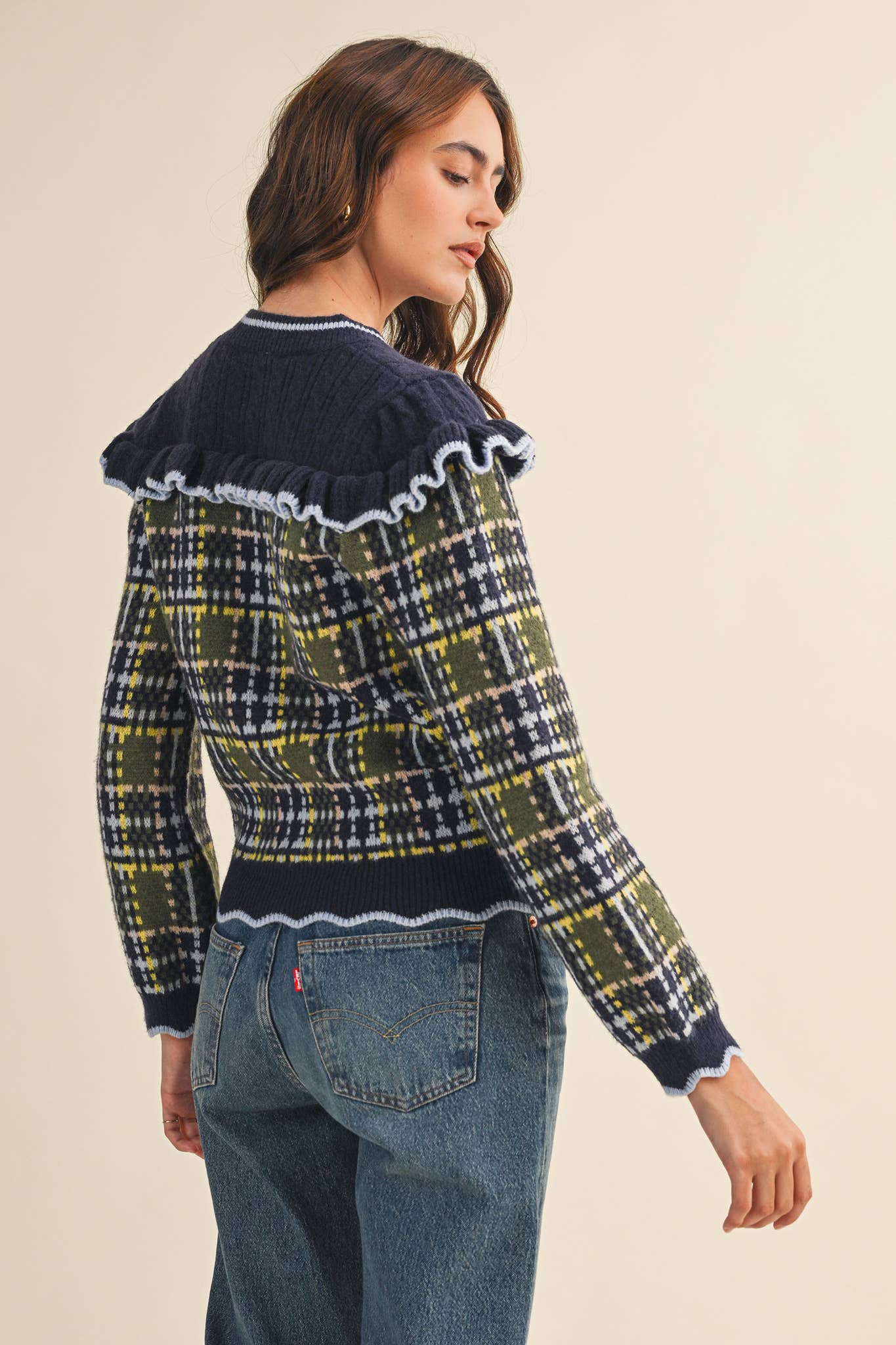 RUFFLED YOKE PLAID SWEATER CARDIGAN- Preorder
