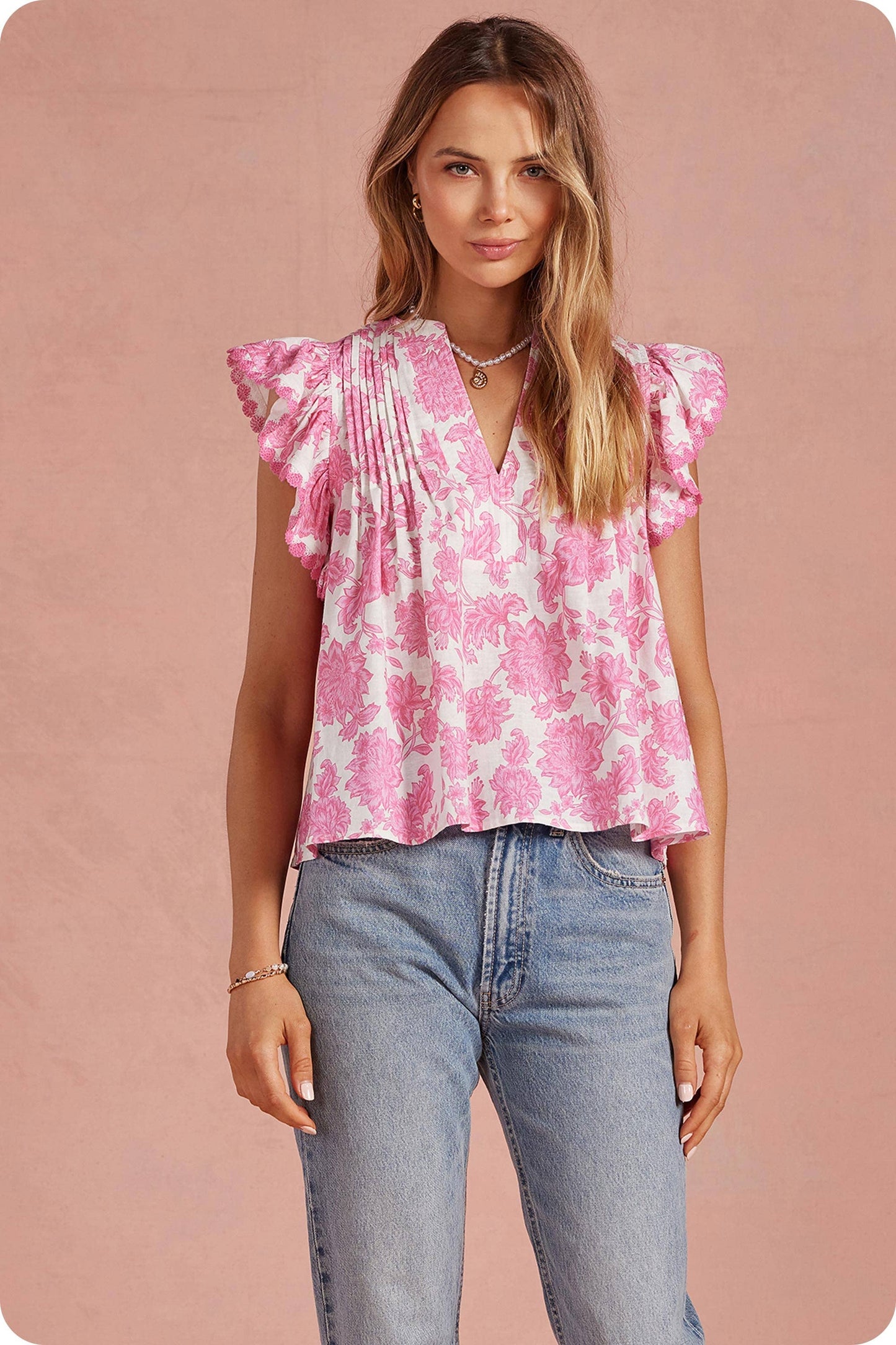 Botanical Garden Pintuck Detail Ruffle Sleeve Top