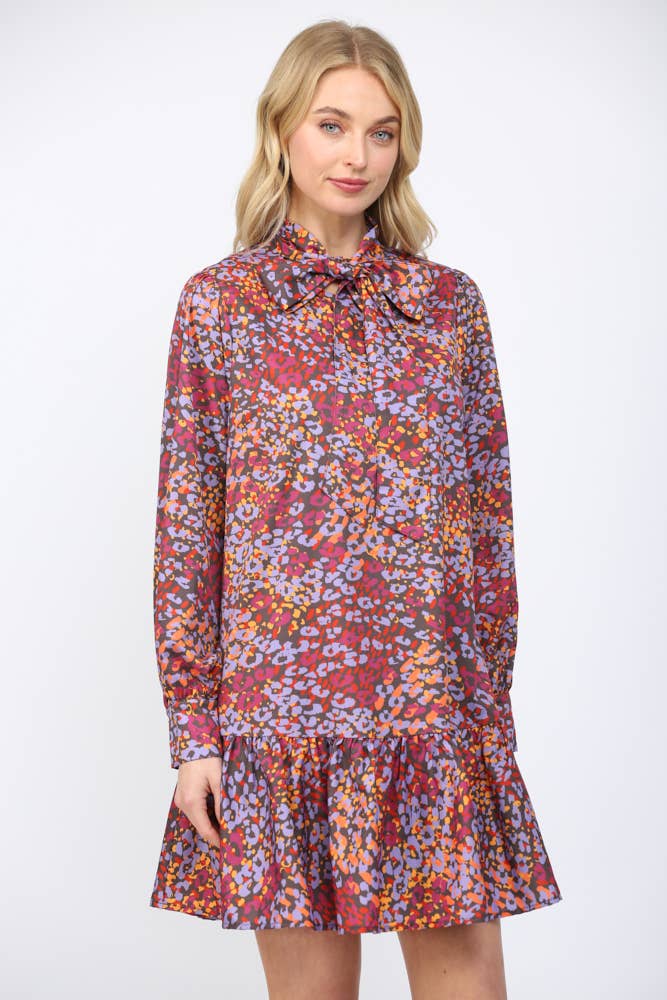 ABSTRACT ANIMAL PRINT TIE NECKLINE RUFFLE HEM DRESS