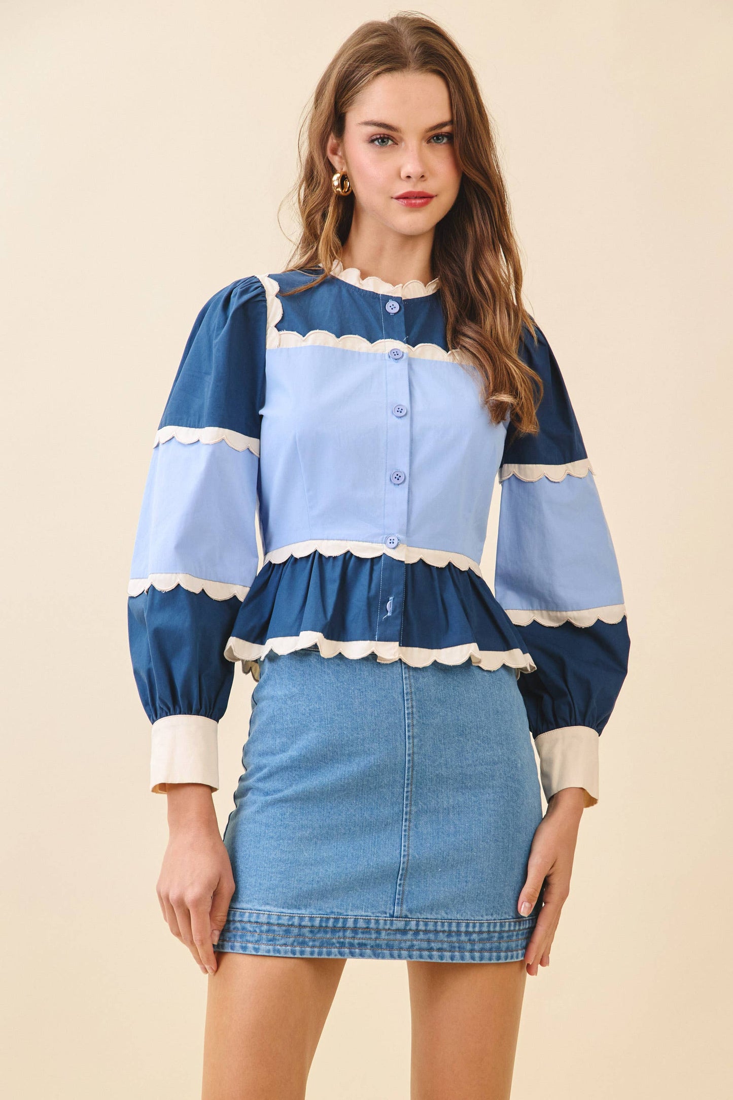 Color Block Scalloped Detail Peplum Top