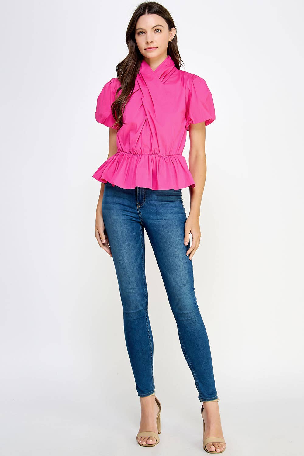 Cross Neck Poplin Puff Sleeve Blouse