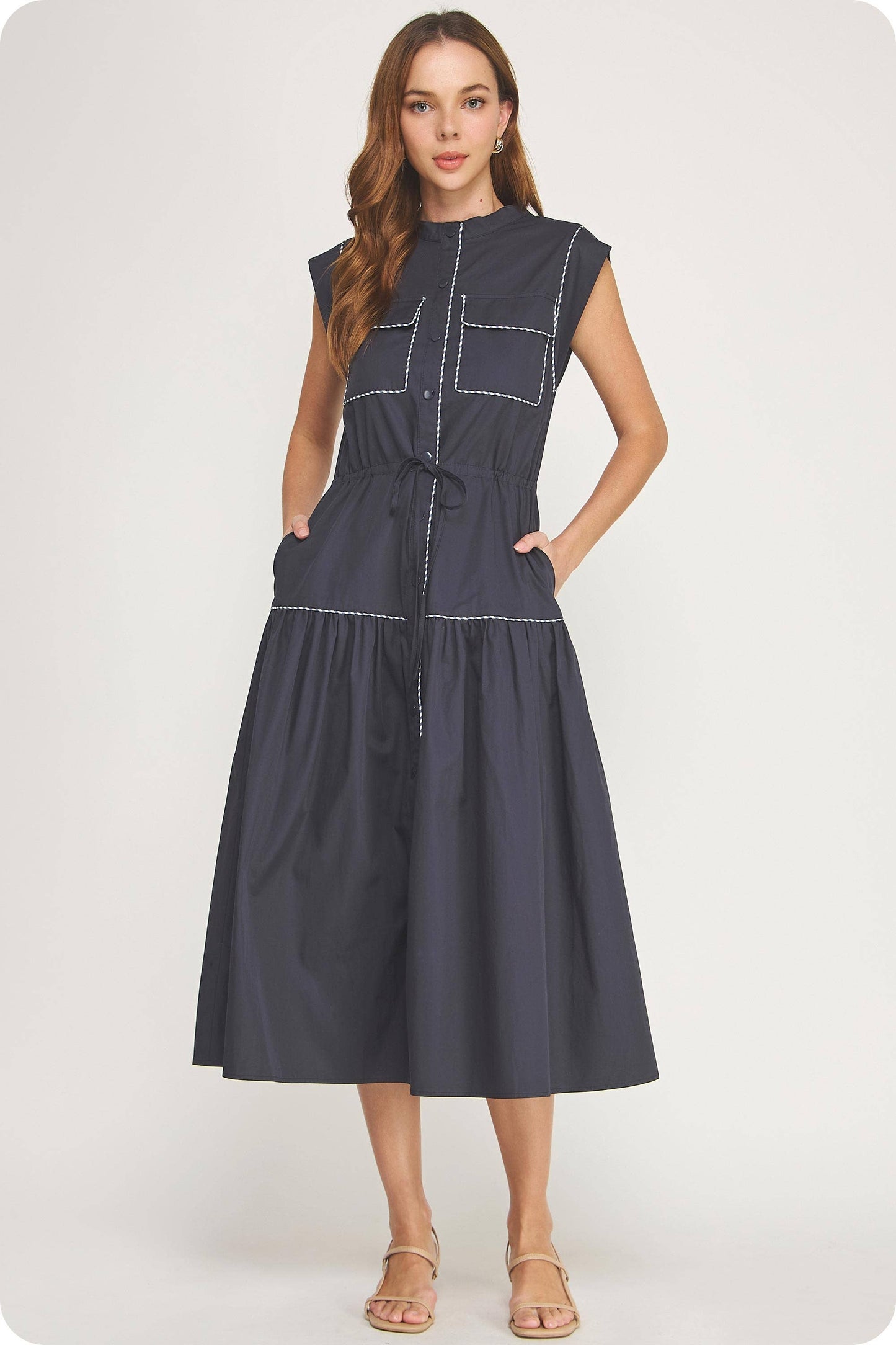 Contrast Piping Utility Midi Shirt Dress