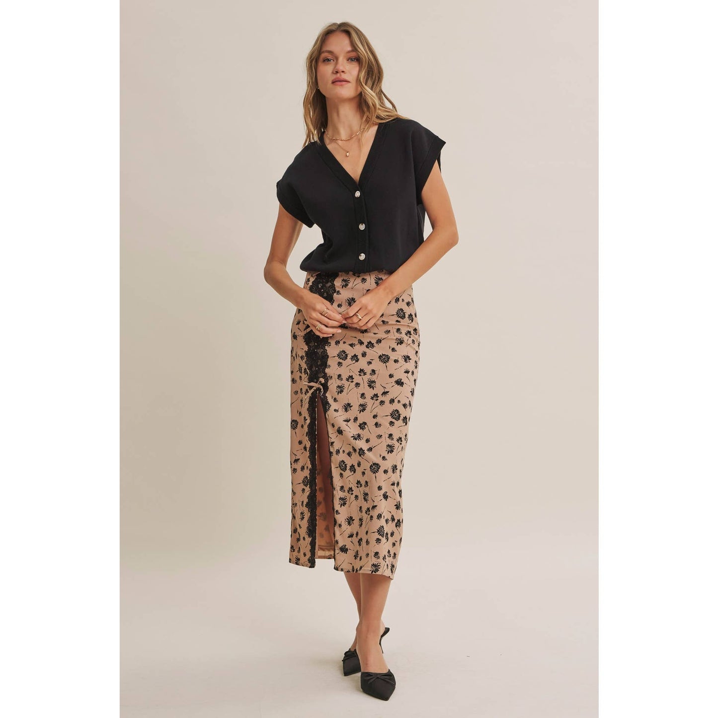 PARIS FLORAL LACE MIDI SLIP SKIRT
