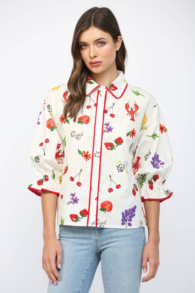 PIPING SUMMER PRINT BUTTON DOWN BLOUSE