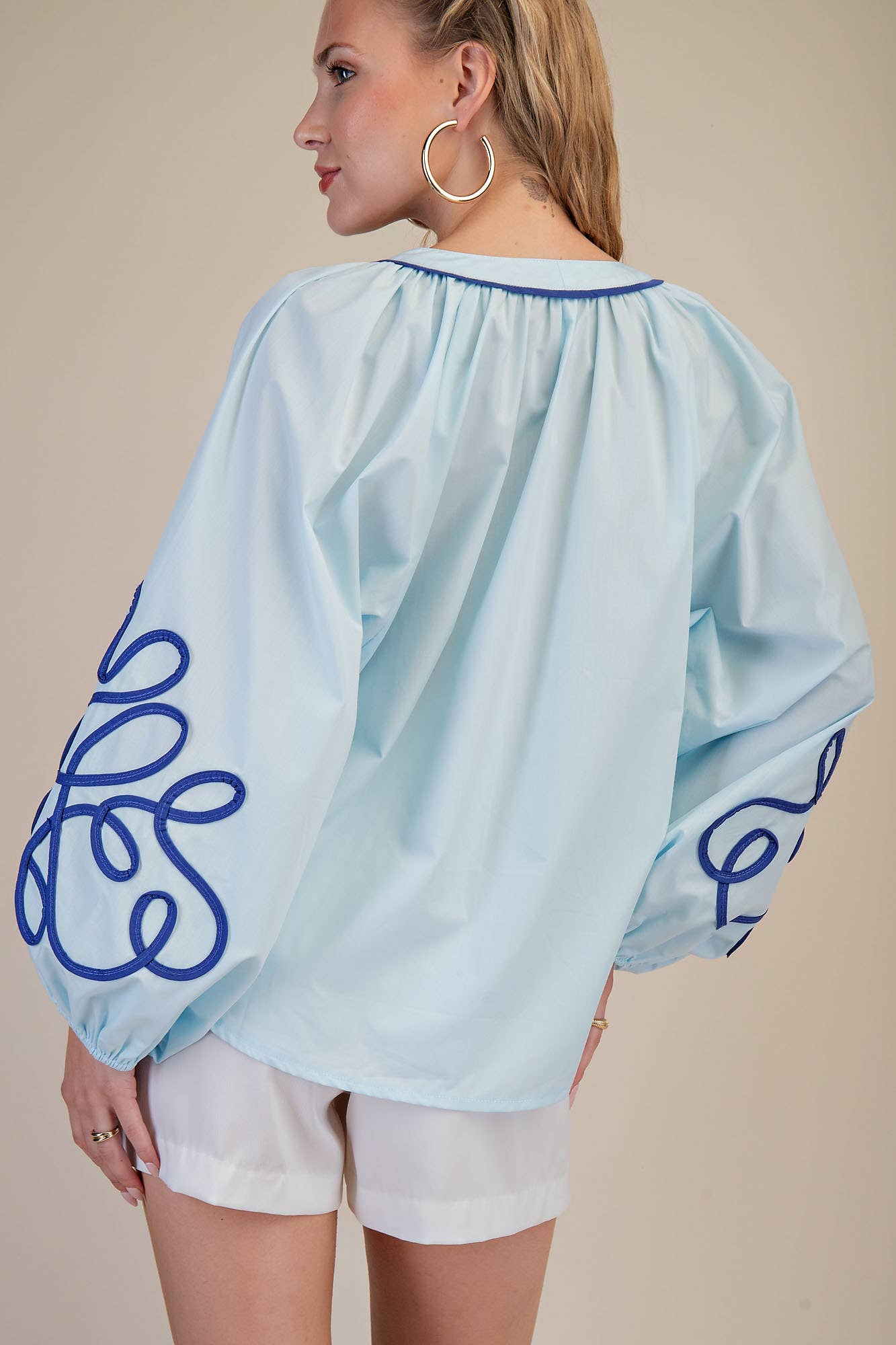 Soutache Contrast Detail Puff Sleeve Blouse