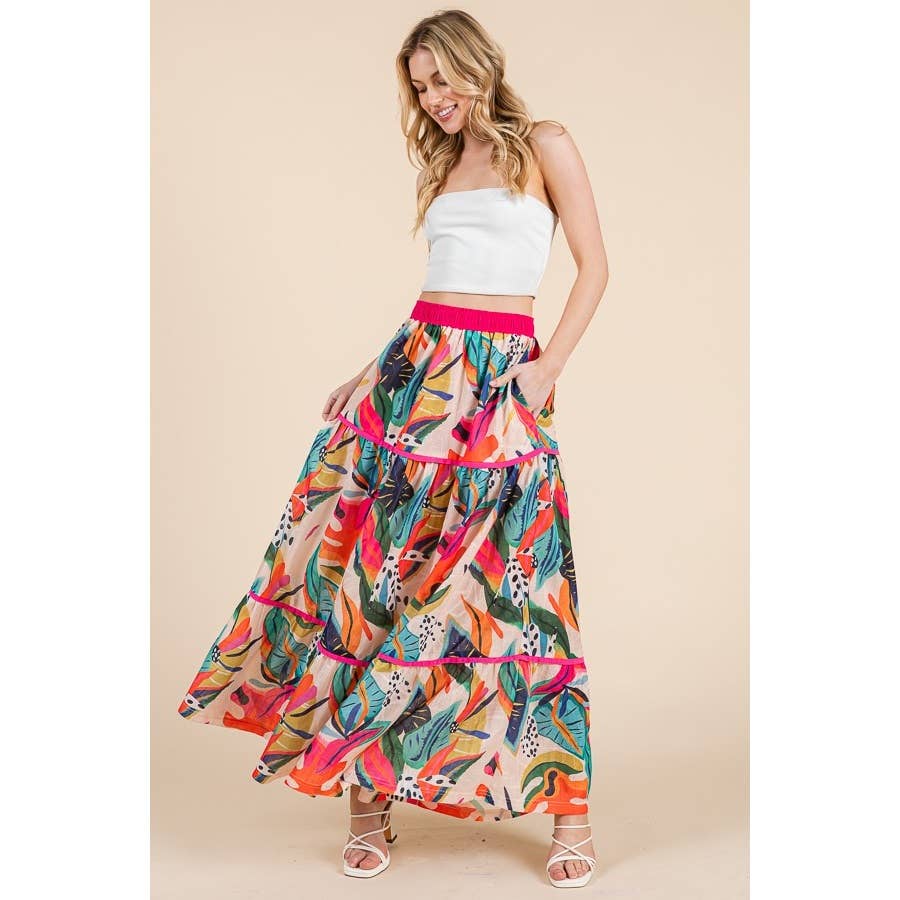 Abstract Print Tiered Maxi Skirt with Contrast Trim